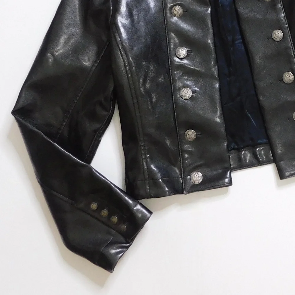 SHRINE OF HOLLYWOOD Faux Leather Jacket‎ Embossed Buttons Vegan Unisex Large